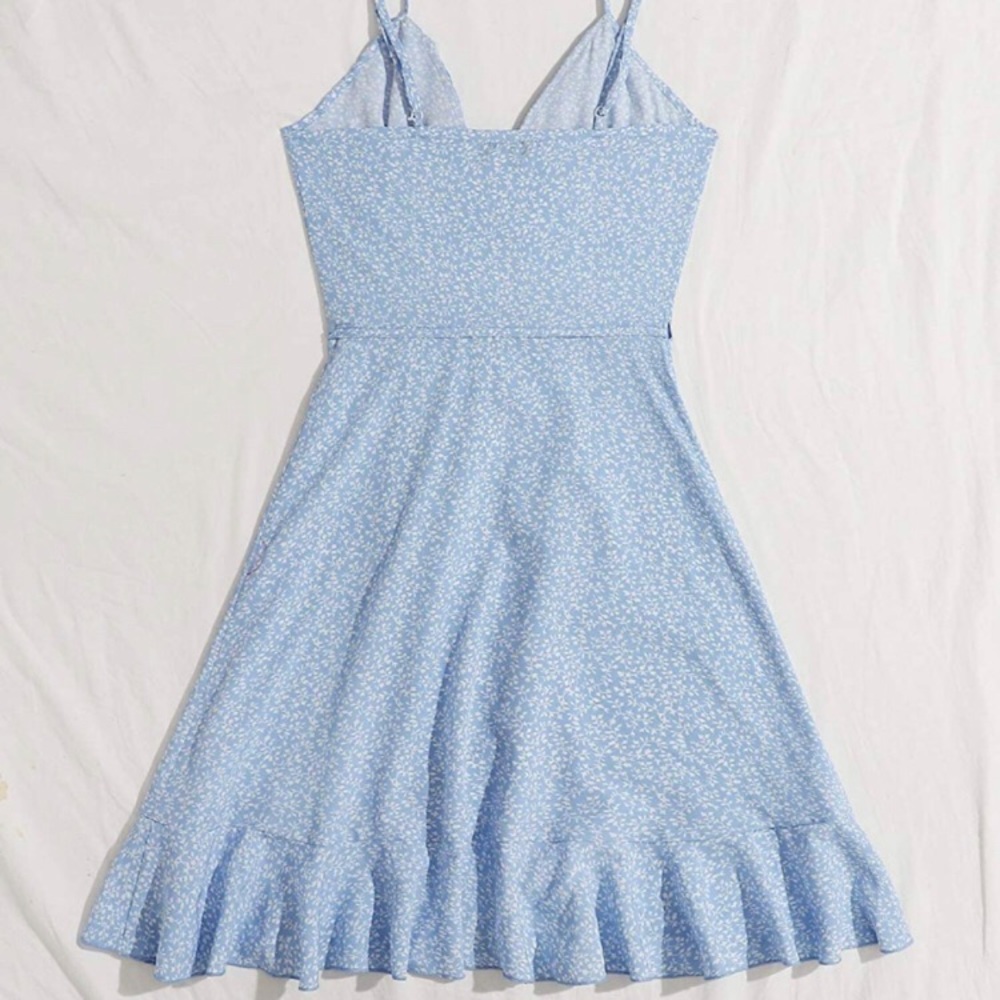 SheIn Women's Summer Sleeveless Ruffle Self Tie Wrap Short Dress - Picture 3 of 4